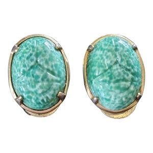 MAZER Earrings Turquoise Blue Green Molded Glass Scarab Clip-on VINTAGE SIGNED